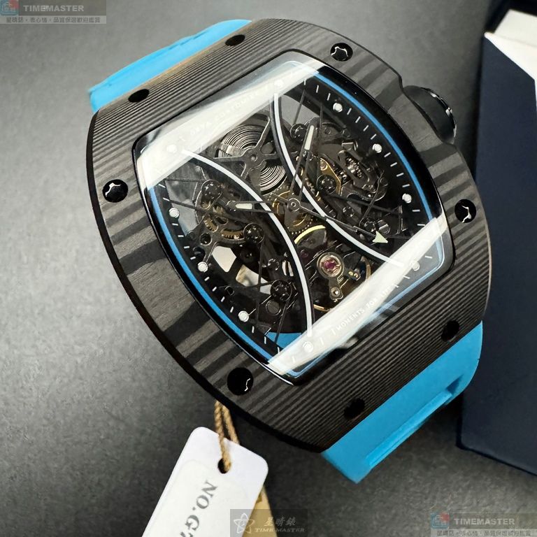 [星晴錶業]GEYA手錶,46mm, 52mm,G78208GWKB雙面機械鏤空錶面黑錶殼寶藍矽膠錶帶款, , large