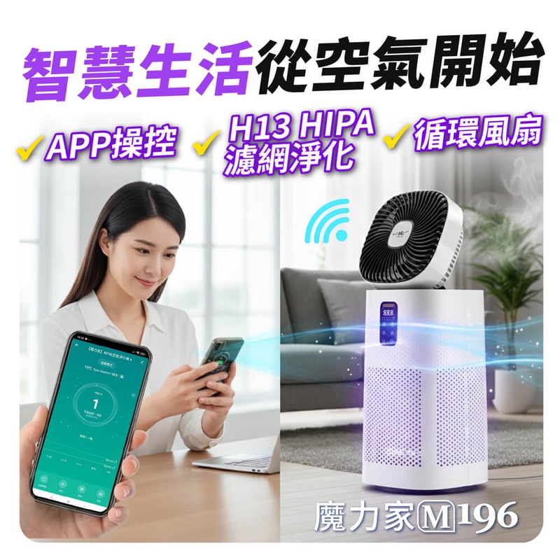 【MOLIJIA 魔力家】單機組-M196 智動UV抑菌風扇循環空氣清淨機-雲岩白, , large