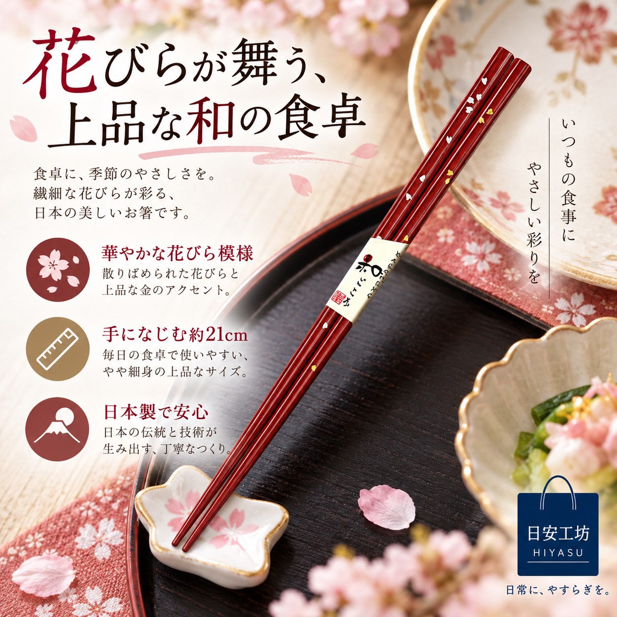 【HIYASU日安工坊】日本工藝箸-花瓣紛飛 21cm, , large