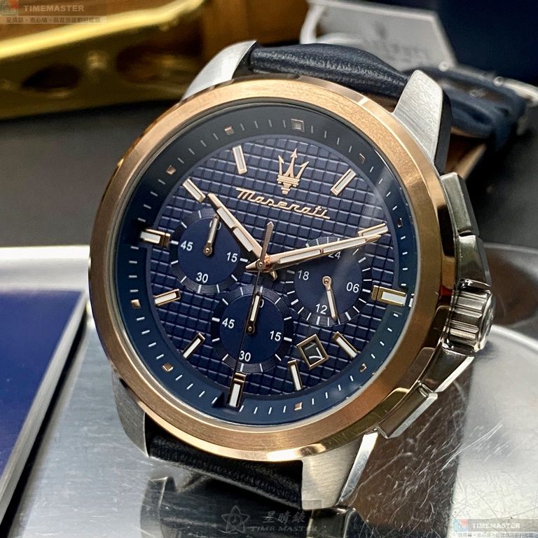 [星晴錶業]MASERATI手錶,44mm,R8871621015寶藍色錶面玫瑰金錶殼寶藍真皮皮革錶帶款, , large