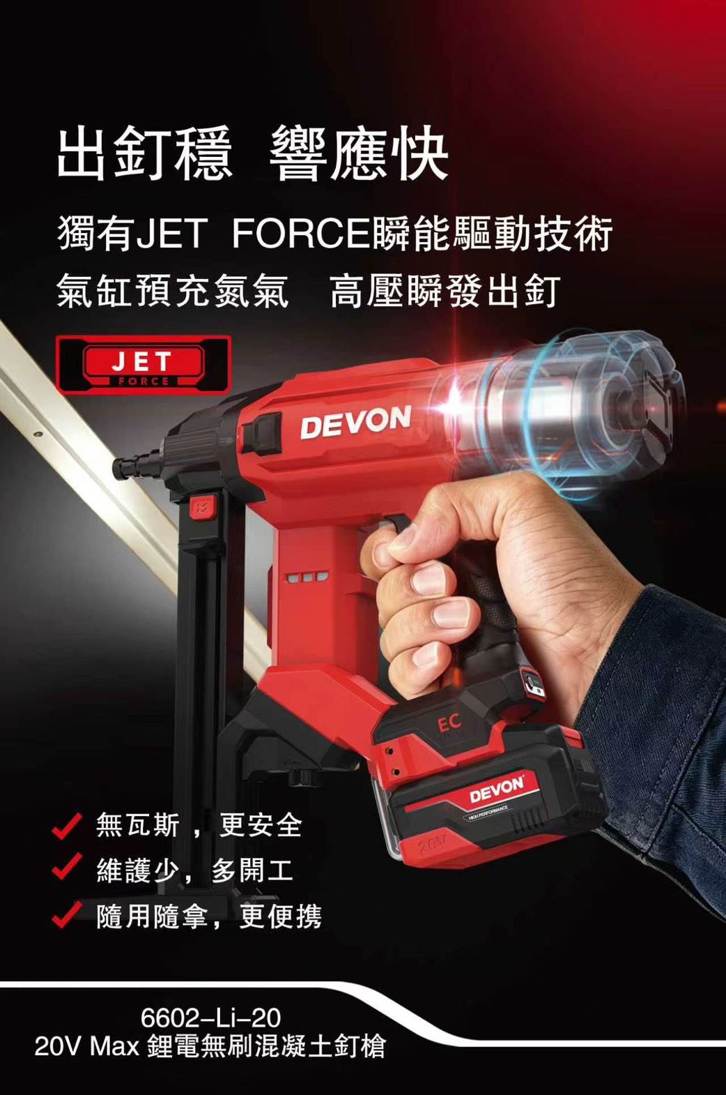 WIN五金 DEVON 大有 6602-LI-20 20V鋰電水泥鋼釘槍｜免空壓機｜防空打｜鋼釘槍混凝土/紅磚/鋼板施工, , large