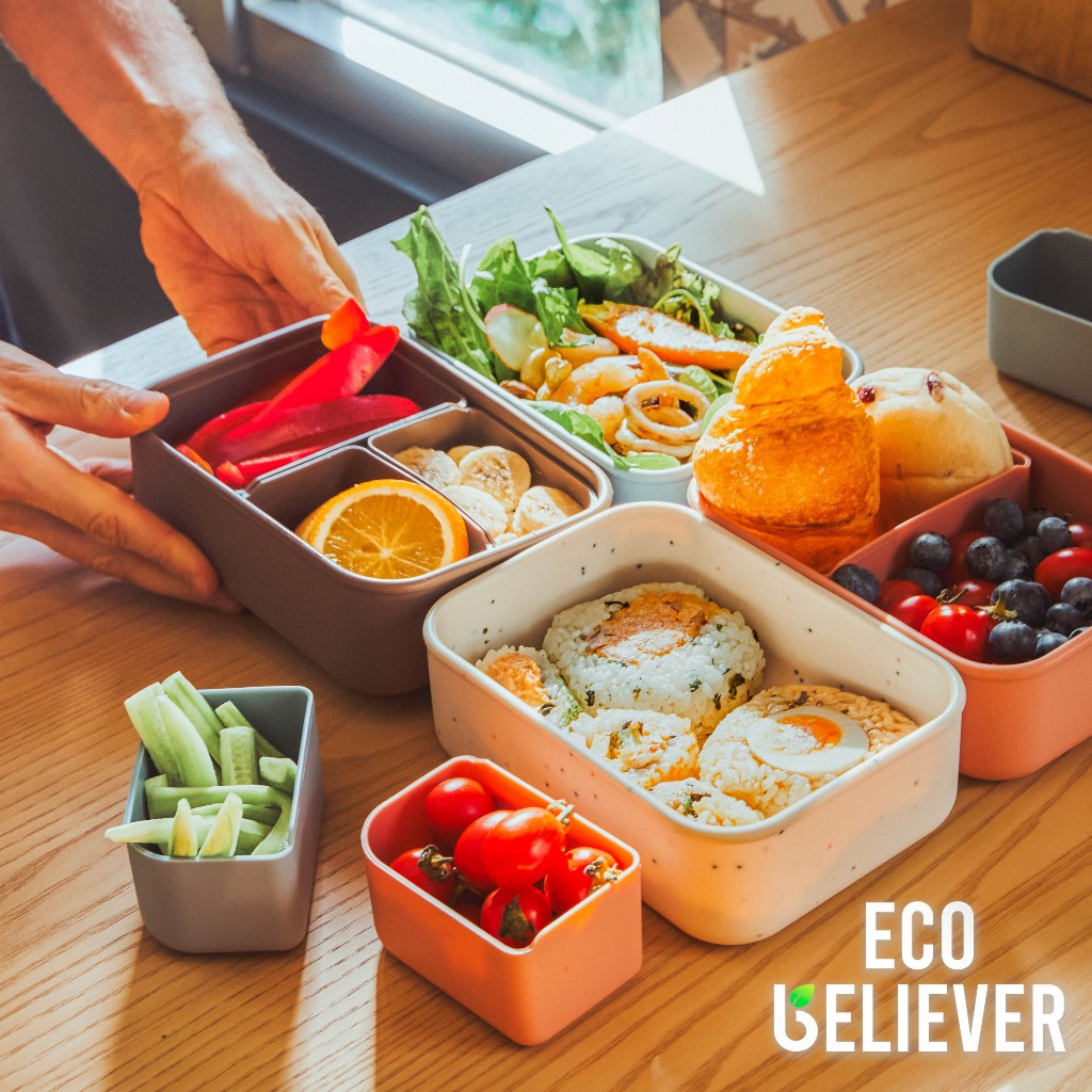 JC ECO BELIEVER 800ml Bento Box with 3 Removerable Compartments, Leak-Proof Silicone Container,Microwave, Dishwasher, Brown, , large
