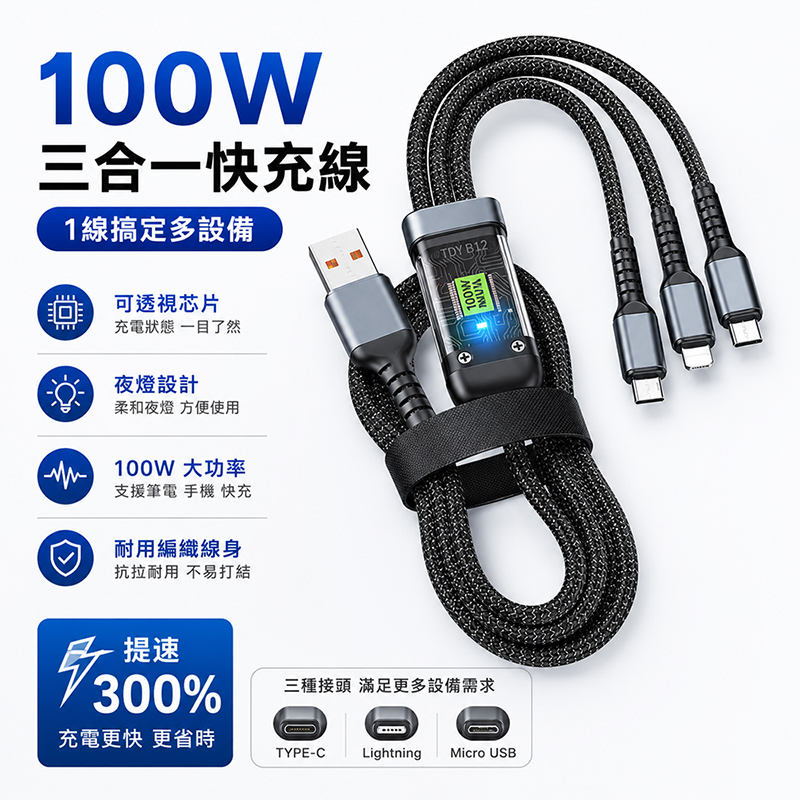 [翊承國際]【免運 + 贈品】6A 100W 一對三手機快充編織傳輸線, , large