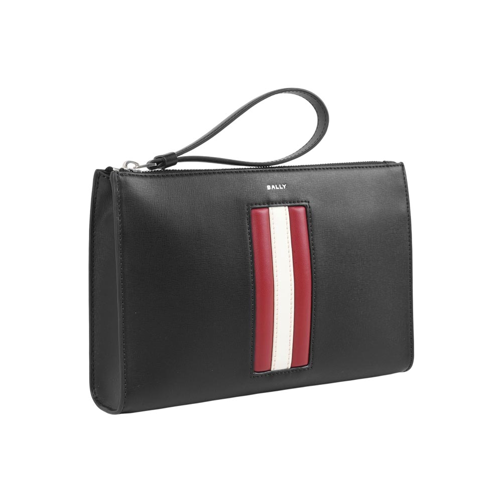 BALLY Mythos 紅白條紋再生厚款手拿包(黑色), , large
