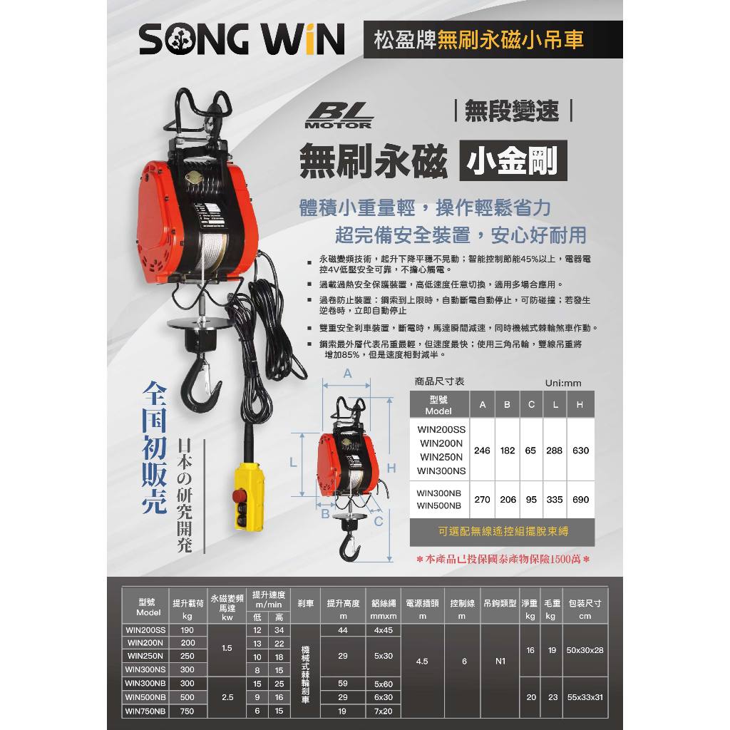 WIN五金 松盈牌 SONG WIN 電動吊車<300NS*30M一般型+過負載-線控> 捲揚機 過負載 電子吊秤 電動絞盤, , large