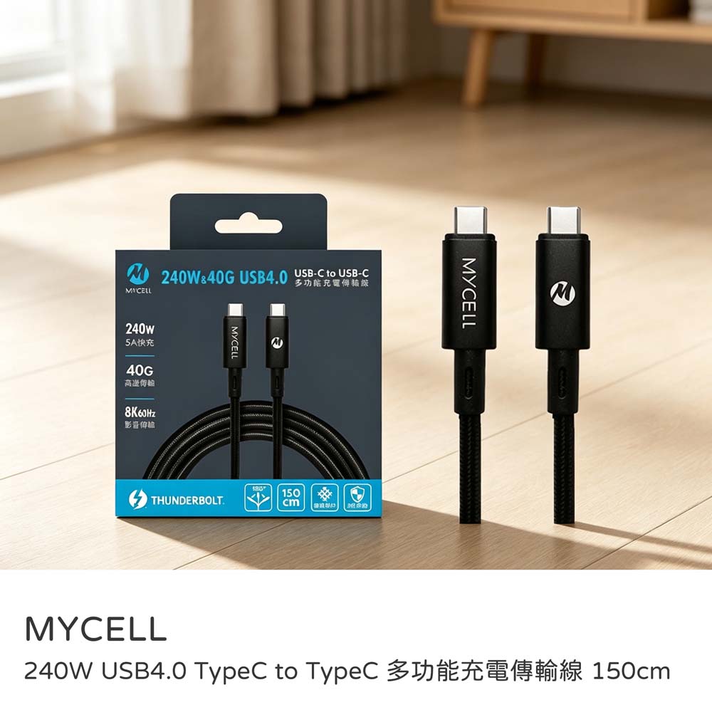 【山水之寶】MYCELL 240W USB4.0 TypeC to TypeC超高速充電多功能傳輸線150cm 充電線材 原廠公司, , large