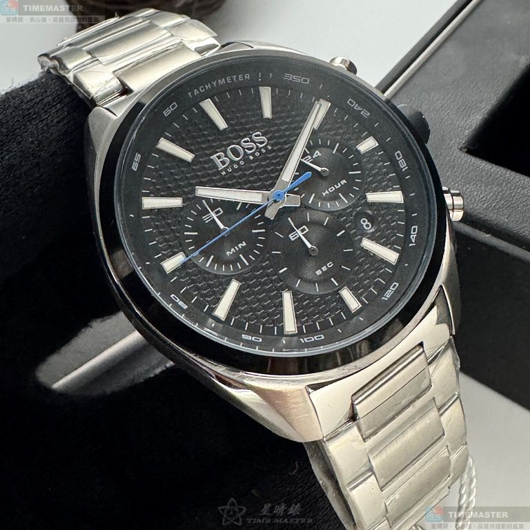 [星晴錶業]BOSS手錶,46mm,HB1513857黑色錶面銀錶殼銀色精鋼錶帶款, , large