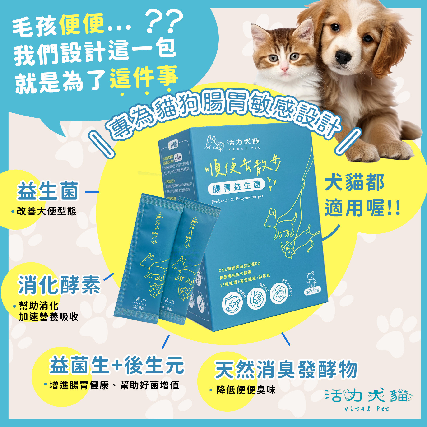 【米瑞寵物】活力犬貓 順便去散步 腸胃益生菌 30包, , large