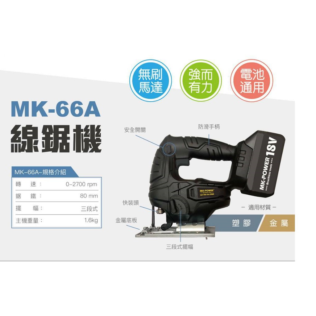 WIN五金 MK-POWER無刷18V線鋸機 MK-66A (單主機) 可直上牧田18V電池 馬刀鋸 往復鋸 線鋸機 軍刀鋸, , large