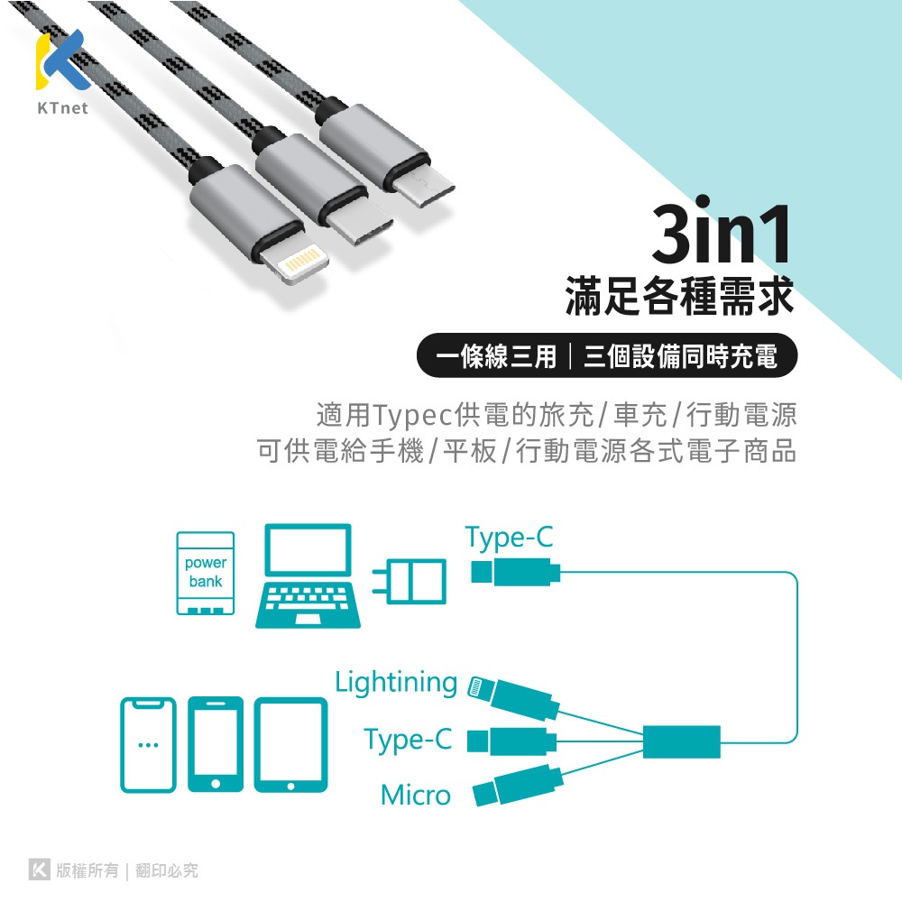 KTnet G40 TypeC對蘋果/TypeC/安卓快速充電編織線 120cm QC 3A 快速充電 鋁合金材質, , large