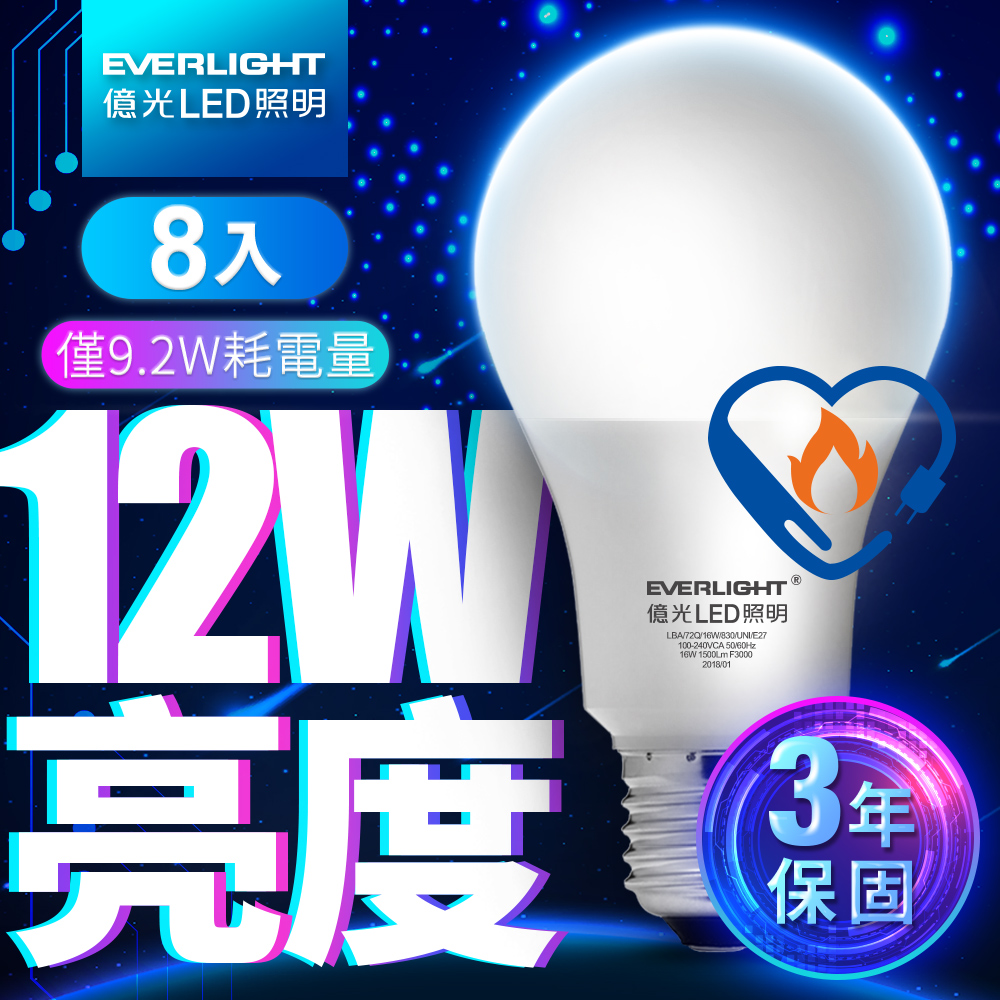 Everlight億光 8入組 12W亮度 超節能plus 僅9.2W用電量(黃光), 黃光, large