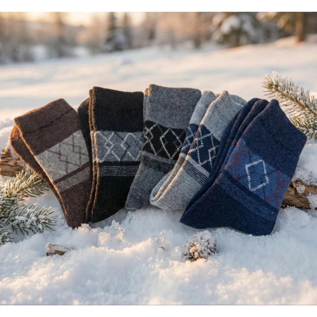 [Kaimi Cotton] 7-Pair Set &ndash; Random Colors &ndash; Winter Essential (Men&rsquo;s) Premium Thermal Wool Socks &ndash; Cold-Proof / Warm / Long Winter Socks &ndash; Argyle Design, , large