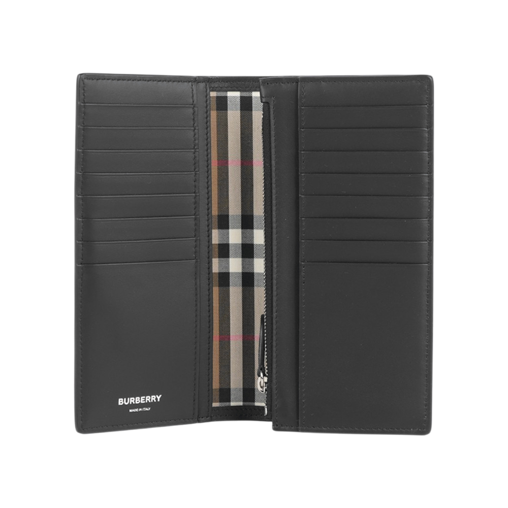 BURBERRY 銀字燙印Logo 牛皮內拼格紋二折長夾(黑色), , large