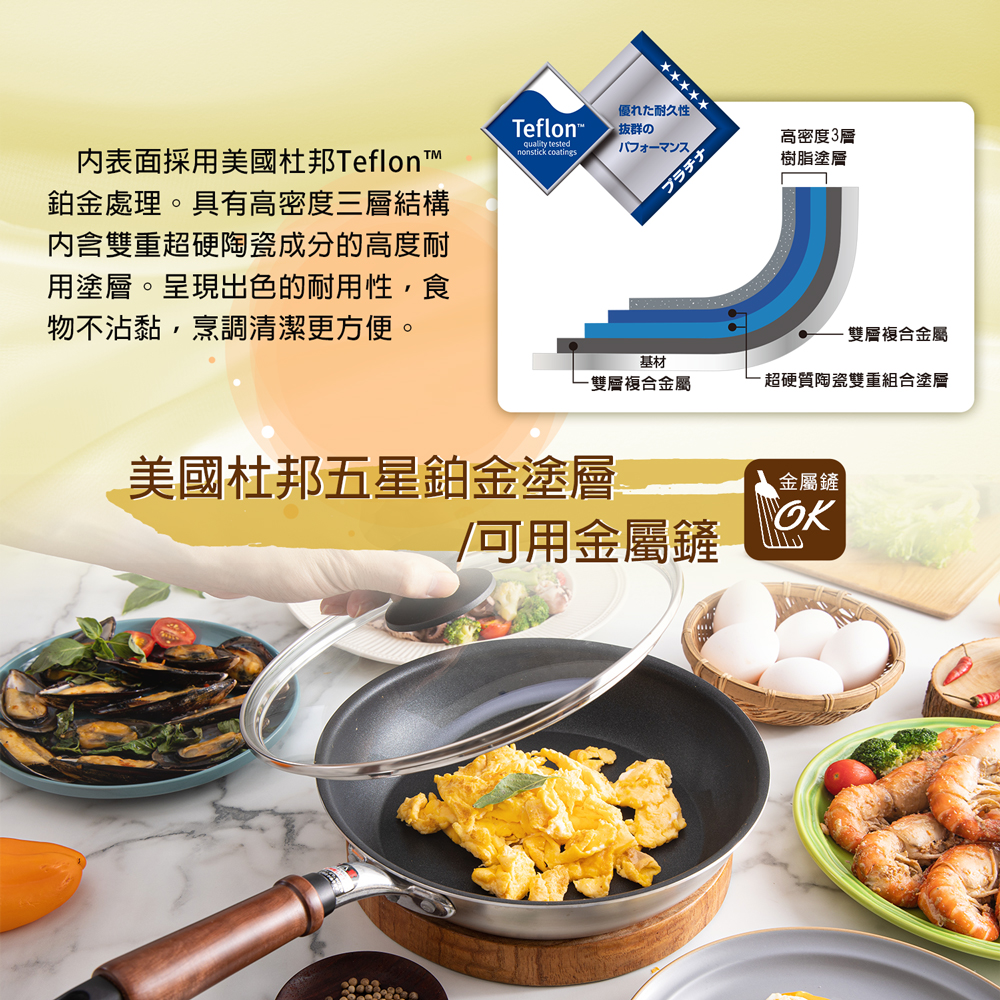 【日本北陸hokua】日本製Plateado EM複合金不沾平底鍋24cm(含蓋)可用金屬鏟/IH可用鍋, , large