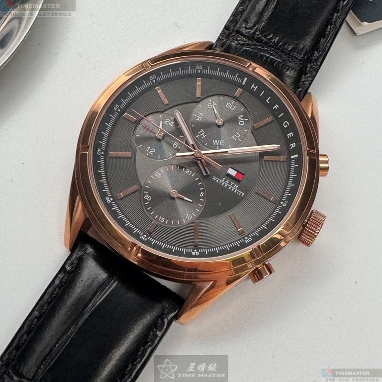 [星晴錶業]TommyHilfiger手錶,44mm,TH00067鐵灰色錶面玫瑰金錶殼深黑色真皮皮革錶帶款, , large