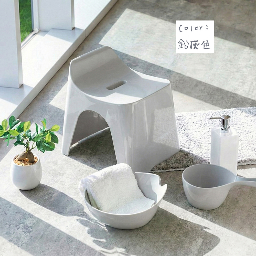 【HUBATH】Japan-Made Curved Bathroom Stool 25cm with Water Ladle &ndash; 2-Piece Set (Ag+ Antibacterial Material / Supports up to 100kg / Water-Repellent Design / Bath Stool) &ndash; Lead Gray, , large