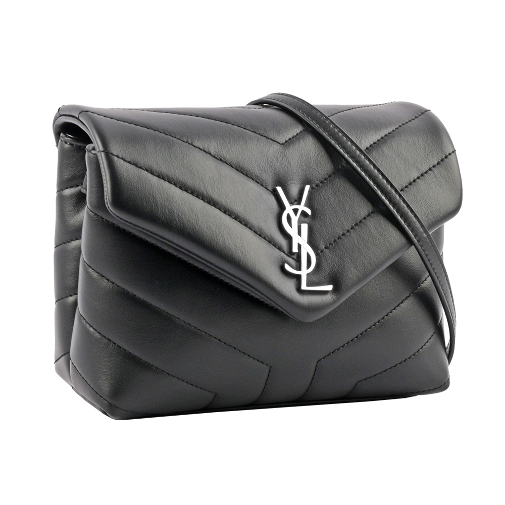 YSL Monogram Lou Lou 銀釦V紋小牛皮斜背包/MINI/黑色, , large