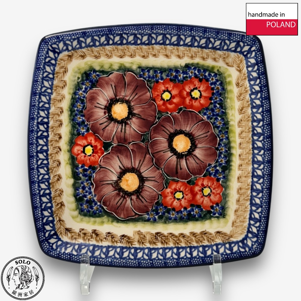 【SOLO Vintage】Cerraf Polish Pottery 19cm Square Plate Banquet of Elegant Red Series Made in Poland, , large