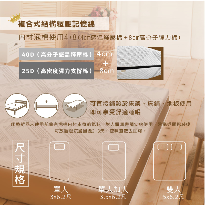 Hokun感溫抗菌12公分釋壓床墊單人, , large