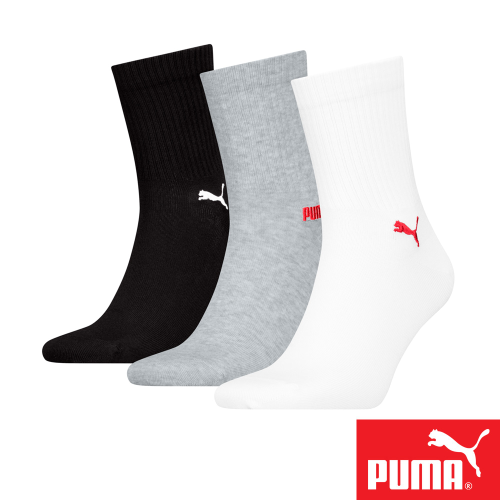 PUMA 男女款中短筒襪3雙裝 彪馬 跳豹 男襪 女襪 中筒襪 小腿襪 棉襪 柔軟 舒適 抗菌 除臭 耐磨 白/灰/黑, , large