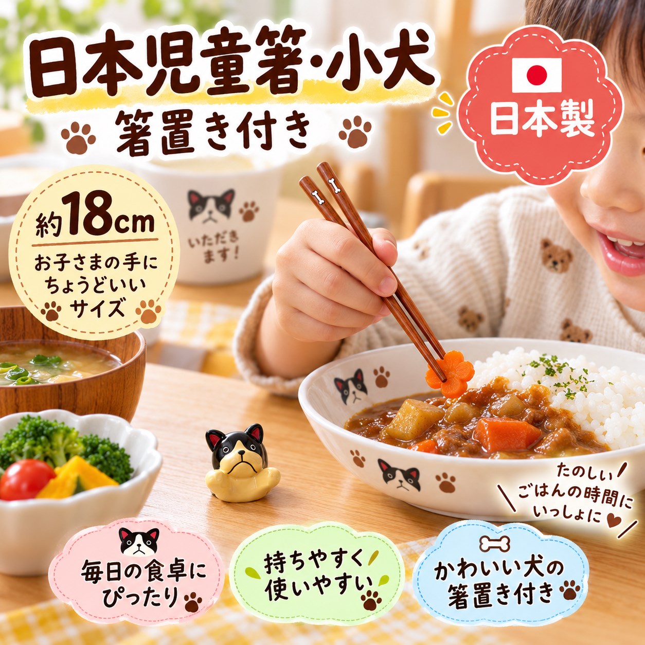 【HIYASU日安工坊】日本兒童箸-小狗 附筷架, , large