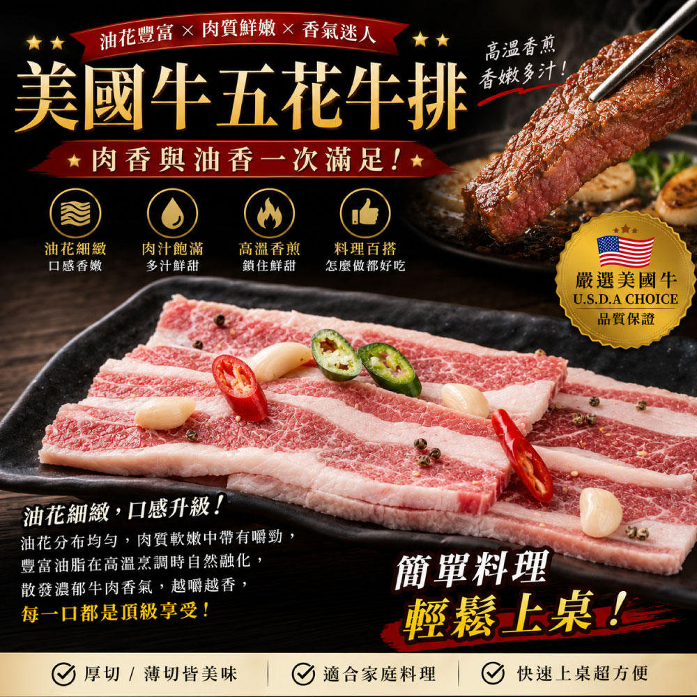 豪鮮牛肉 美國安格斯凝脂牛五花牛排1片(100g&plusmn;10%/片)_任選, , large