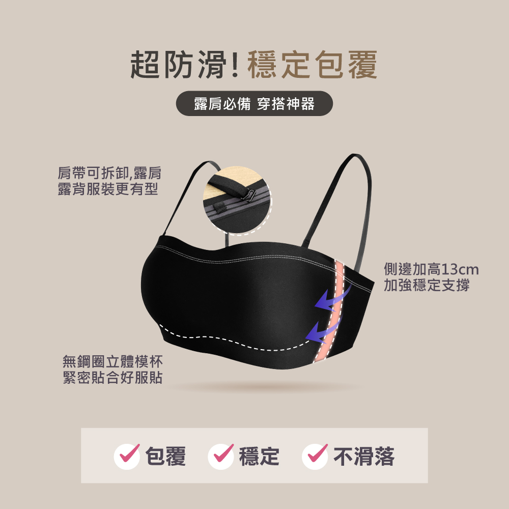 【伊柔 EVEROY】輕穩肌密 防滑穩定平口無肩帶無鋼圈M-XL內衣 黑色 W052-63  , , large
