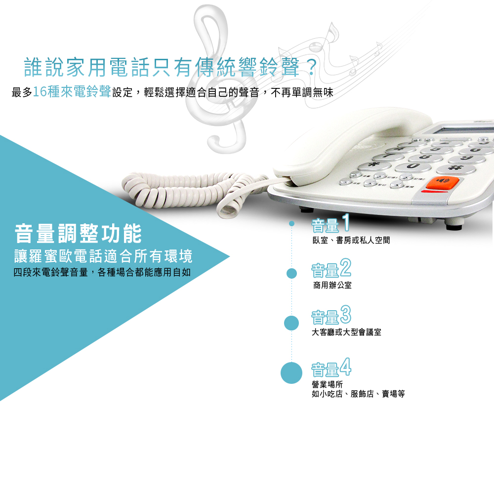 【羅蜜歐 ROMEO】 大螢幕來電顯示有線電話機TC-606N 銀邊白, , large