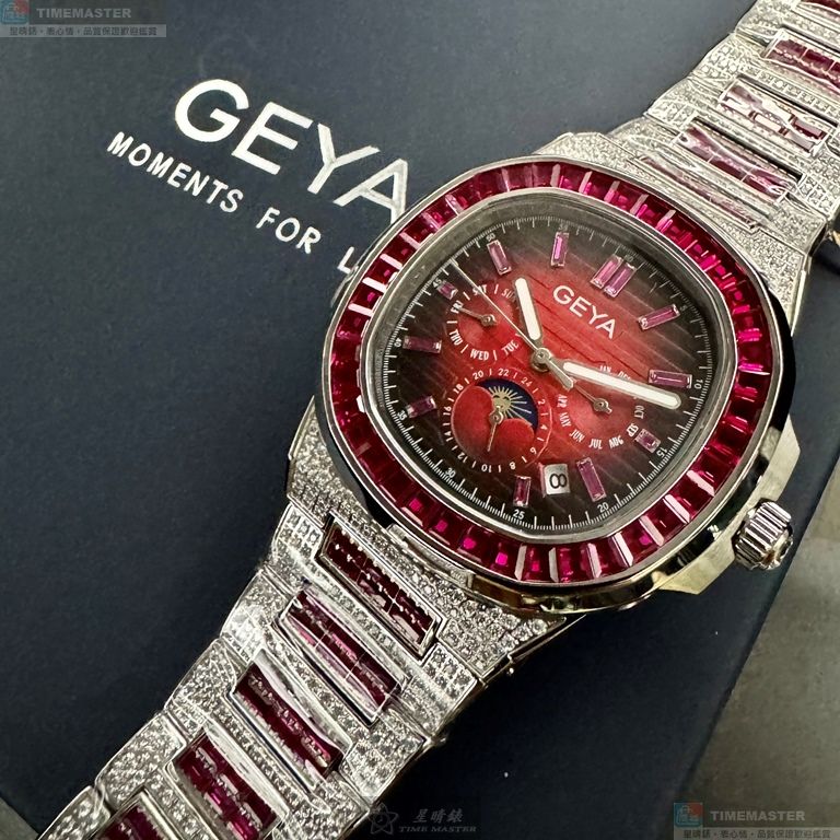 [星晴錶業]GEYA手錶,42mm,G78152GRR紅色錶面銀錶殼銀色精鋼錶帶款, , large