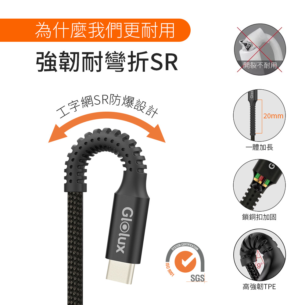 Glolux 240W編織快充線2米(15萬次耐彎折) (CC-PD240W-150K20-BK), , large