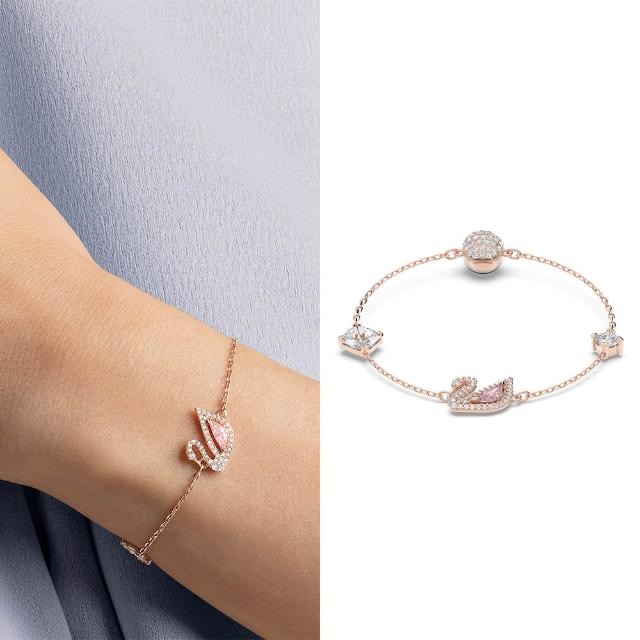 SWAROVSKI 施華洛世奇 Dazzling Swan 水晶天鵝磁扣手鍊-玫瑰金/尺寸S(5485876), , large