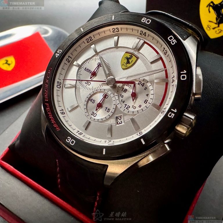 [星晴錶業]FERRARI手錶,46mm,FE00093白色錶面黑錶殼深黑色真皮皮革錶帶款, , large