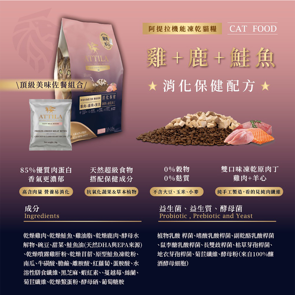 【ATTILA 阿提拉】機能凍乾貓糧 雞+鹿+鮭魚 消化保健1.5kg(全齡貓/貓飼料/無穀貓飼料), , large