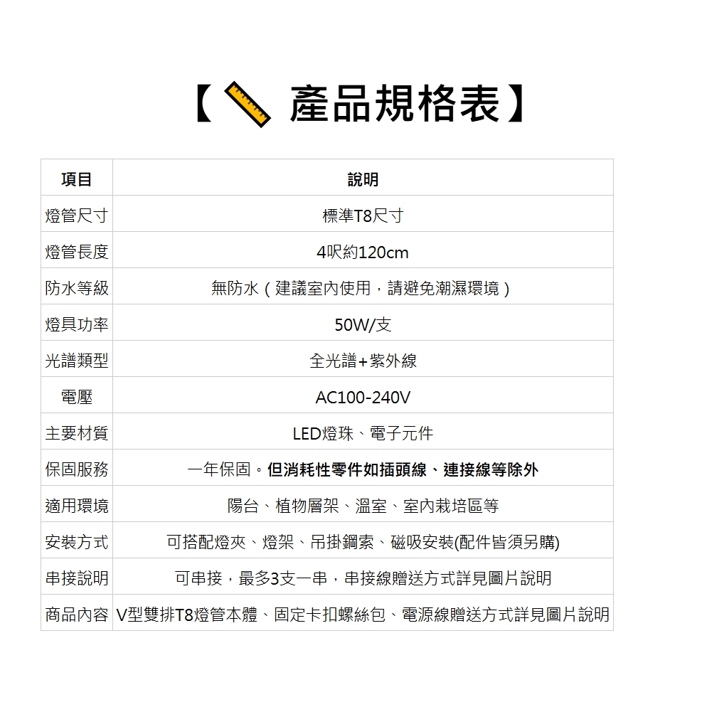 【君沛】V型雙排 50W UVA顯色 4呎 T8一體式植物燈 全光譜 抑制徒長 龍舌蘭 多肉上色 大型植物架補光 免燈座, , large