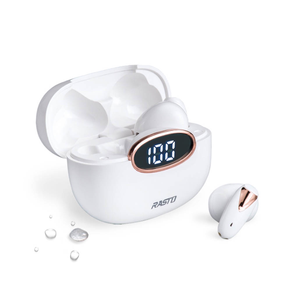 RASTO RS46 Pure White Crystal Fuel Display True Wireless Bluetooth Headphones - Bluetooth 5.3, IPX4 Waterproof, Digital Battery Display, , large
