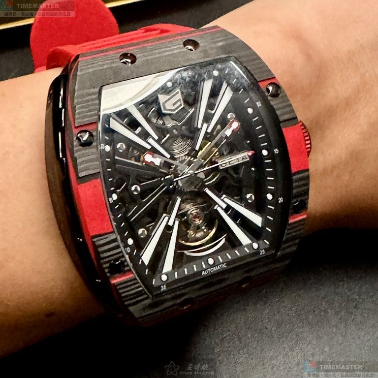 [星晴錶業]GEYA手錶,46mm, 52mm,G78132GWKR雙面機械鏤空錶面黑錶殼紅色矽膠錶帶款, , large