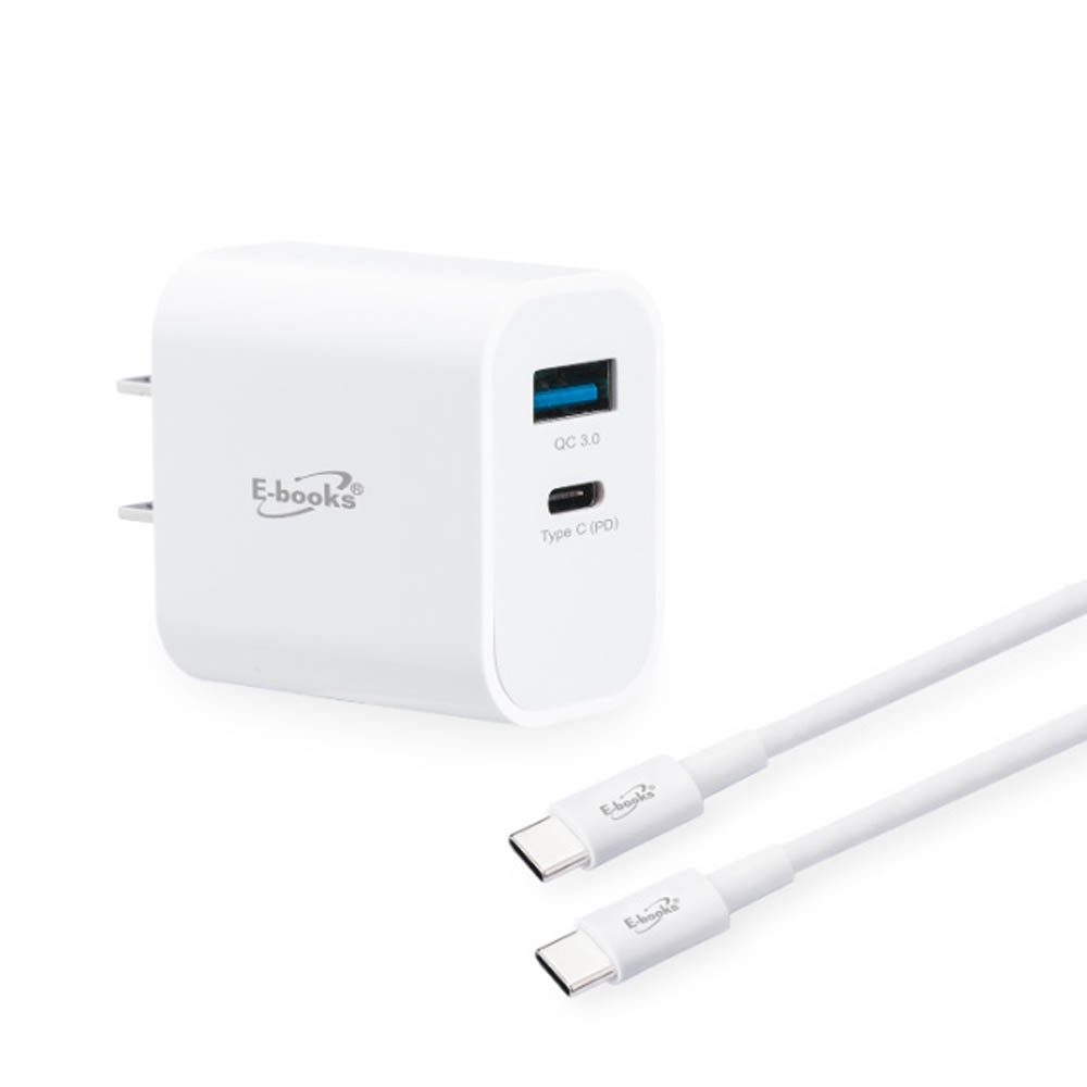E-BOOKS B78 20W PD+QC3.0 Fast Charger + 60W C to C Fast Charging Cable Set - Dual-Hole Output, Eco-friendly TPE, , large