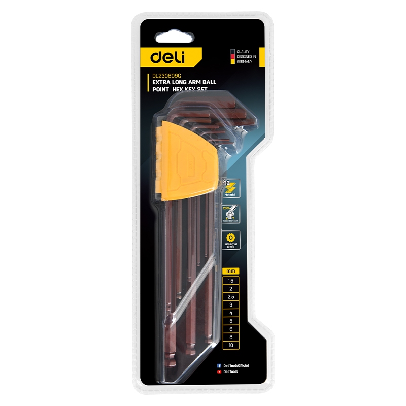 【deli tools】Extra Long Hex Key Set L-Type 9PCS Semi-Pro Series-H1.5~H10, , large