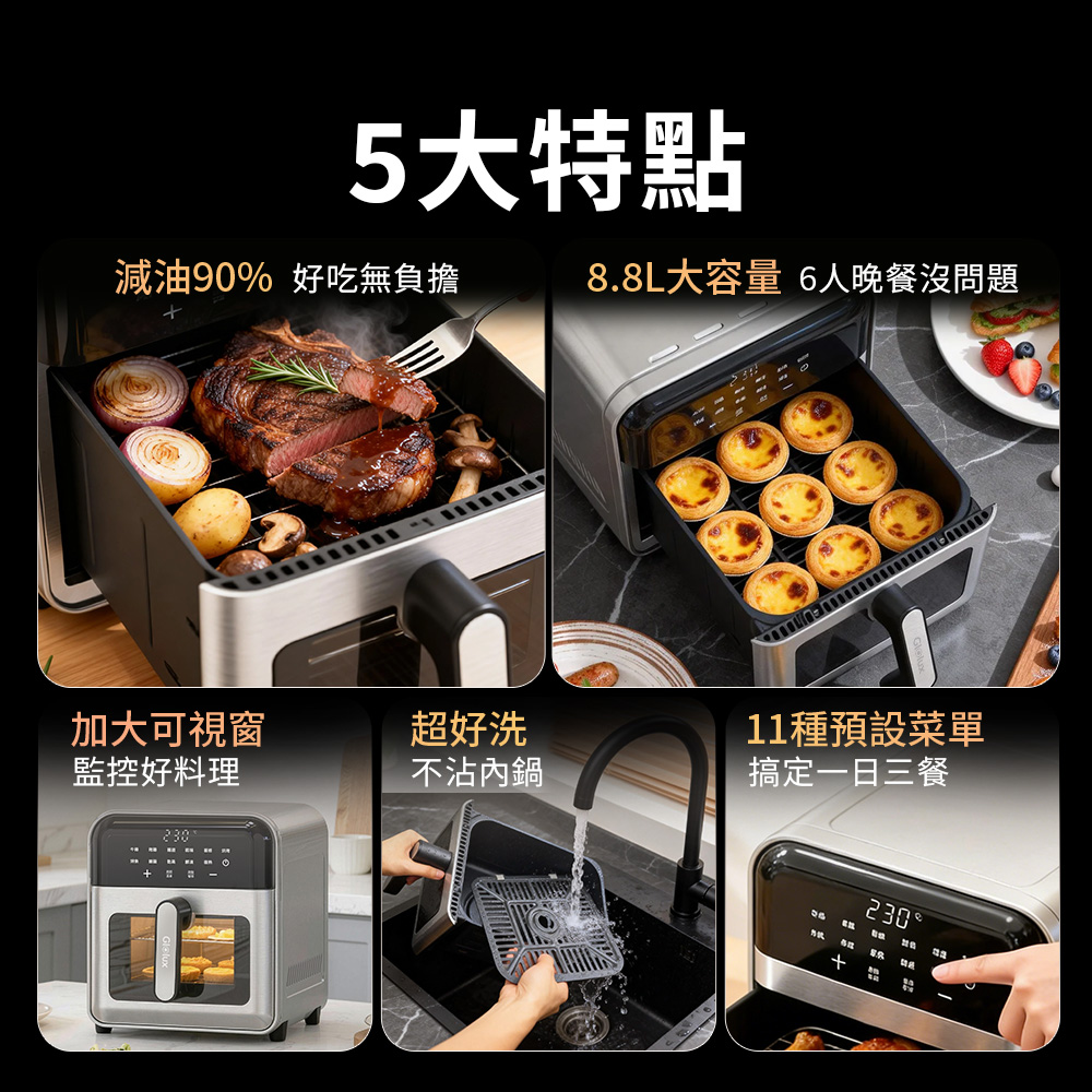 【Glolux】8.8L雙層加熱不鏽鋼氣炸鍋（AF-8801）贈送1包烘焙紙, , large