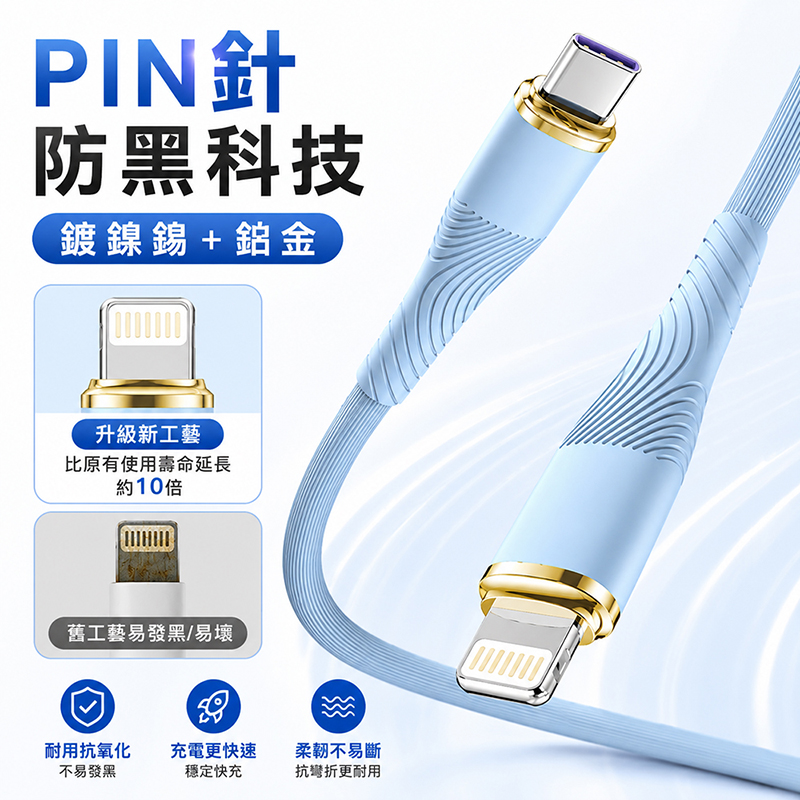 [翊承國際]【免運 + 贈品】Q彈液態軟膠鍍金閃充線, , large