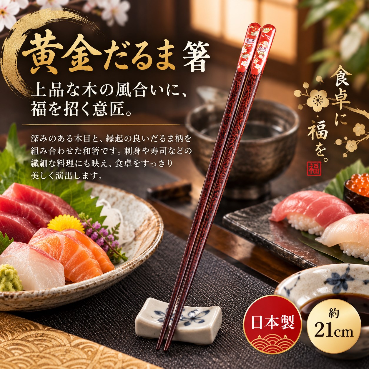 【HIYASU日安工坊】日本工藝箸-黃金不倒翁 21cm, , large