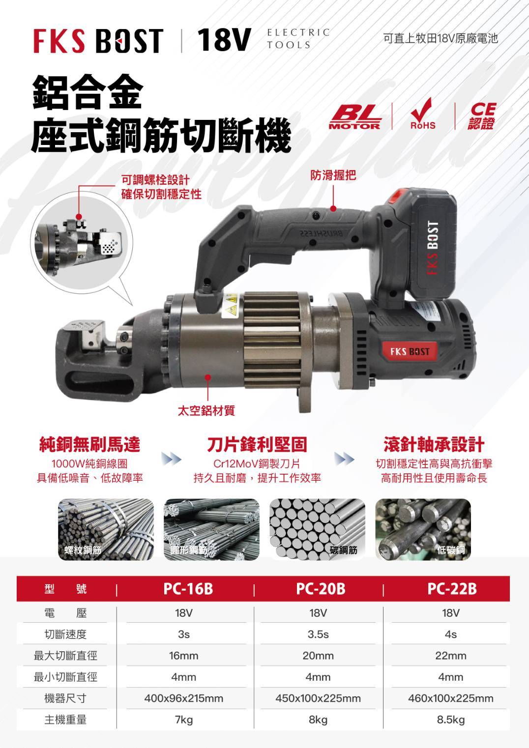 WIN五金 FKS BOST 18V無刷座式鋼筋切斷機<PC-20B+6.0電池套組>螺桿切斷 鋼筋切斷 鋼筋剪斷 金屬切斷機 圓棒切斷, , large