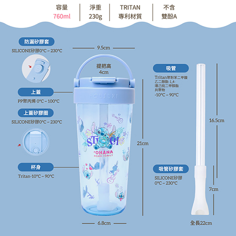 『HOUSUXI ‧ 舒希』迪士尼史迪奇系列-Tritan輕透舒吸杯(附彈跳吸管)760ml(A3), , large
