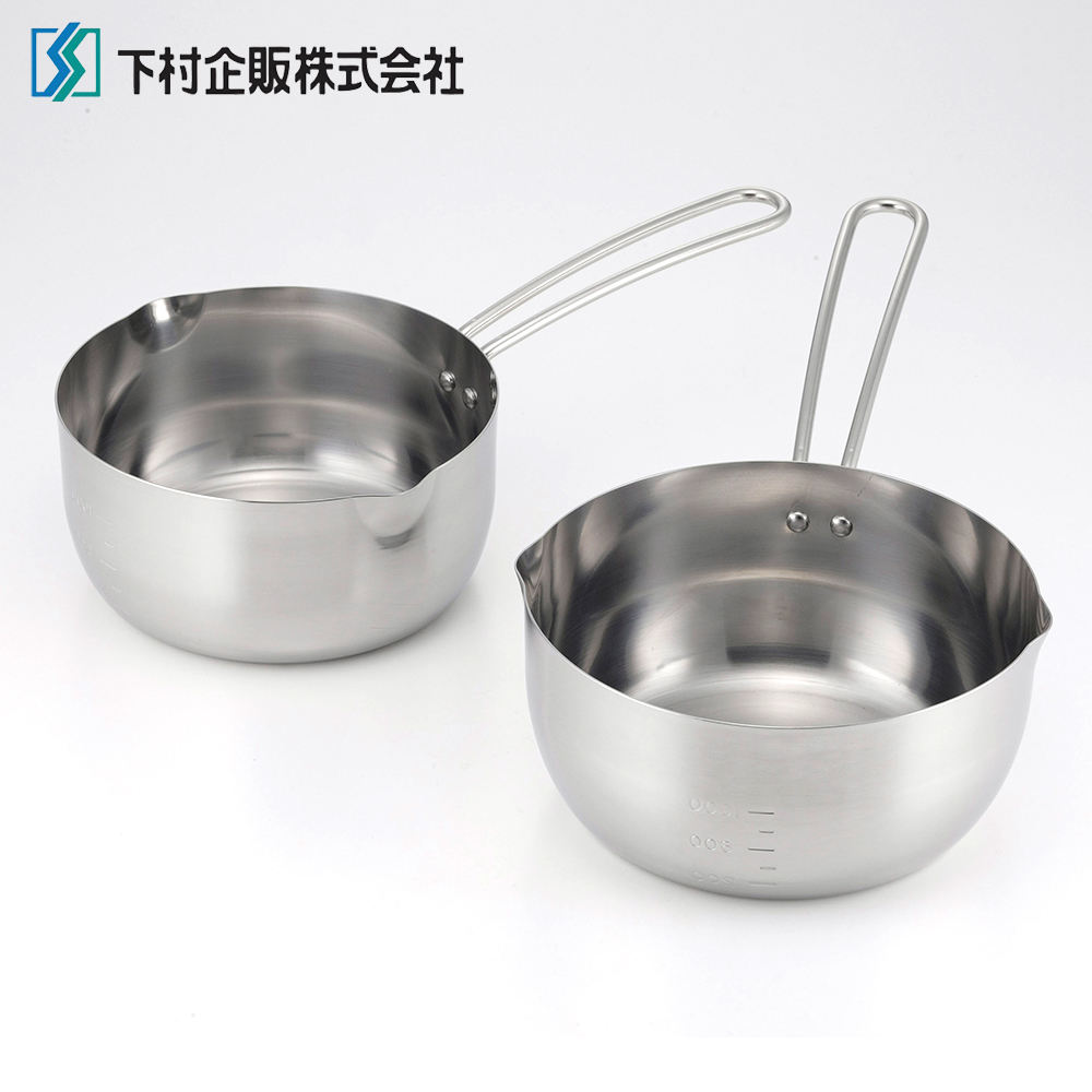 【Shimomura Kihan】Japan-Made All-Stainless Steel Instant Noodle Pot Single-Handle Saucepan Set of 2 (16cm + 18cm / Dishwasher-Safe), , large