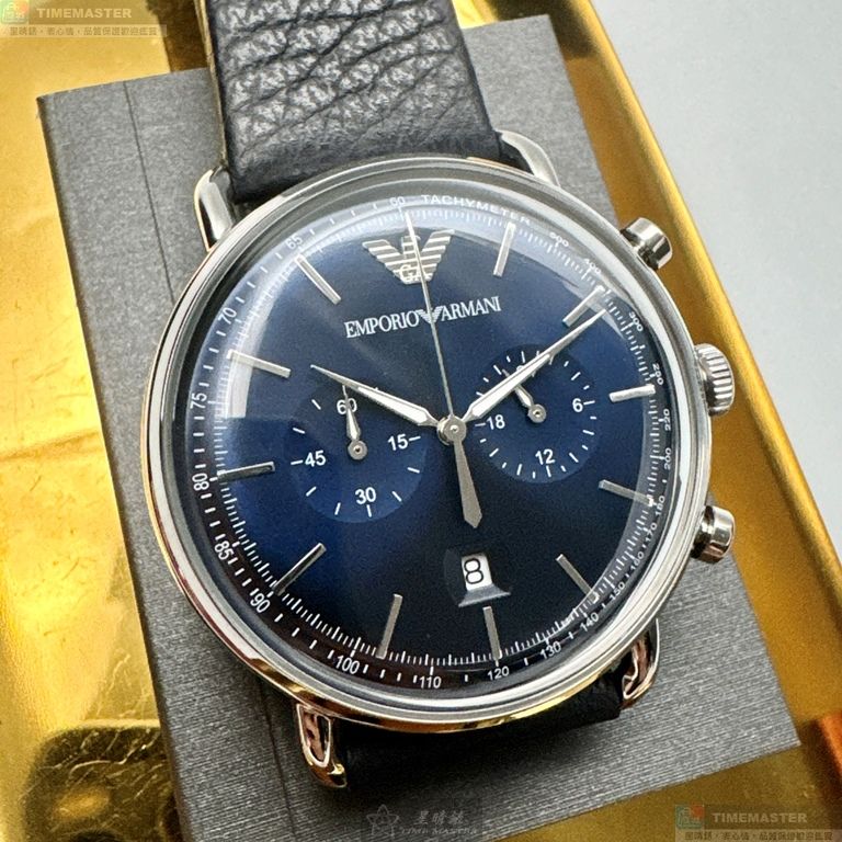 [星晴錶業]ARMANI手錶,42mm,AR00085寶藍色錶面銀錶殼深黑色真皮皮革錶帶款, , large