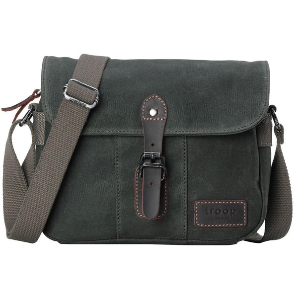Troop London-HERITAGE 帆布皮革斜背包-小TRP0440, 深綠, large