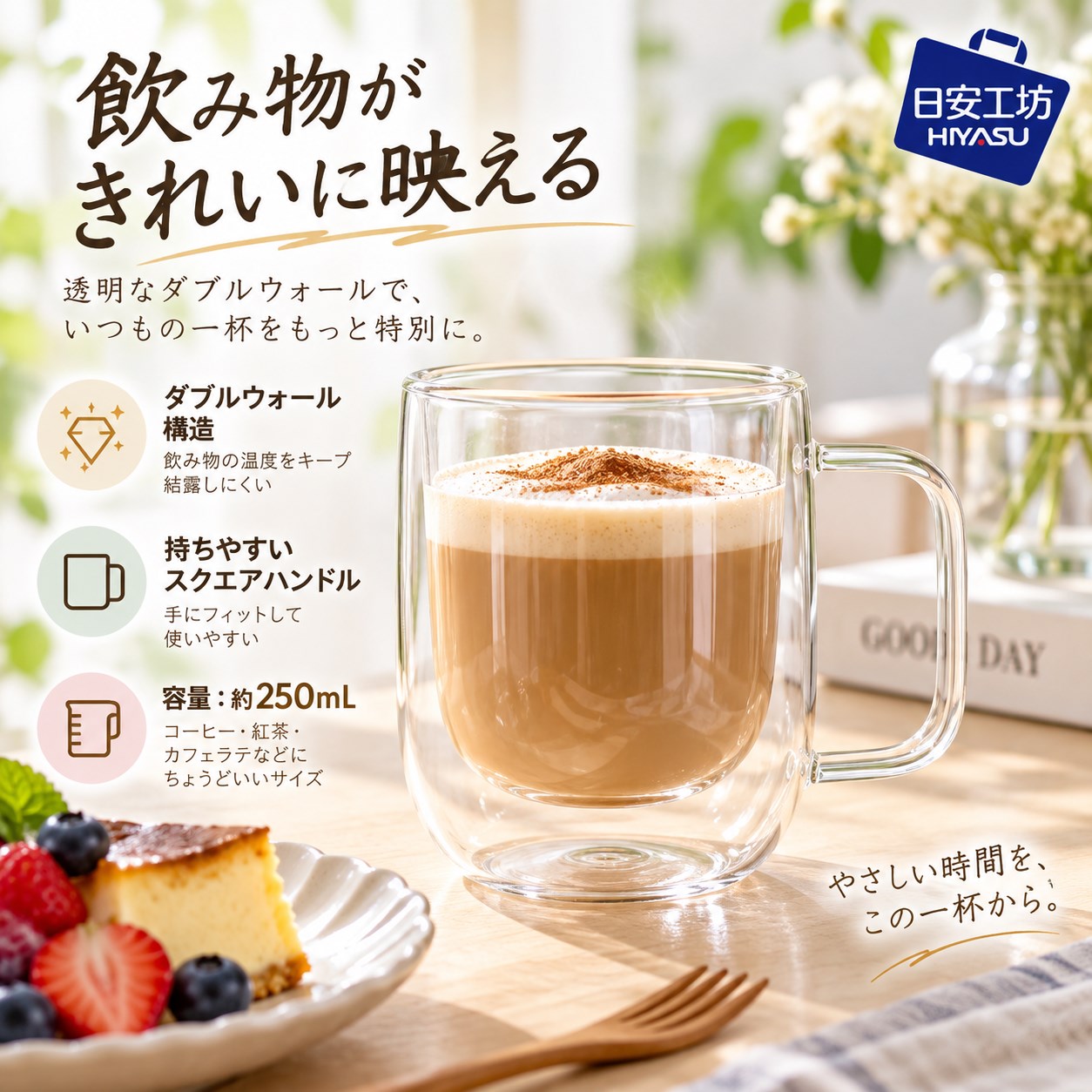 【HIYASU日安工坊】小方把雙層玻璃杯, , large