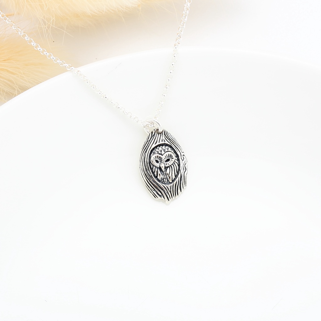【Angel & Me】Owl in a tree hole s925 sterling silver necklace handmade gift, , large
