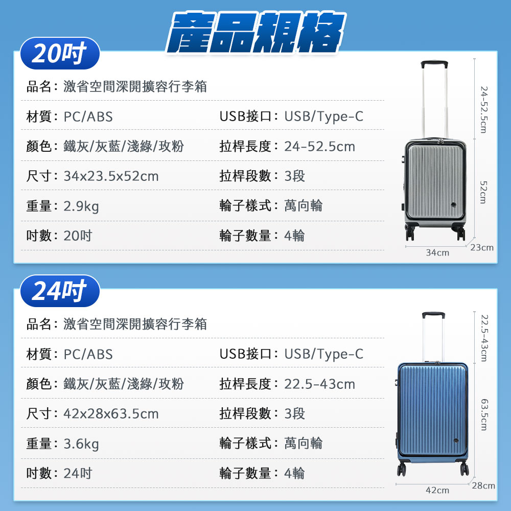 【HJY】鴻嘉源 激省空間深開擴容行李箱20吋-鐵灰, , large