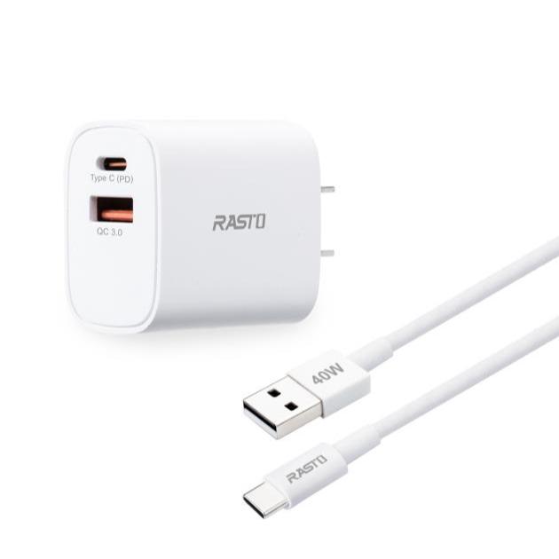 RASTO 20W PD+QC3.0 Smart Charger + 40W A to C Fast Charging Transmission Cable Set Compact and Portable Multiple Protections Fast Charging, , large
